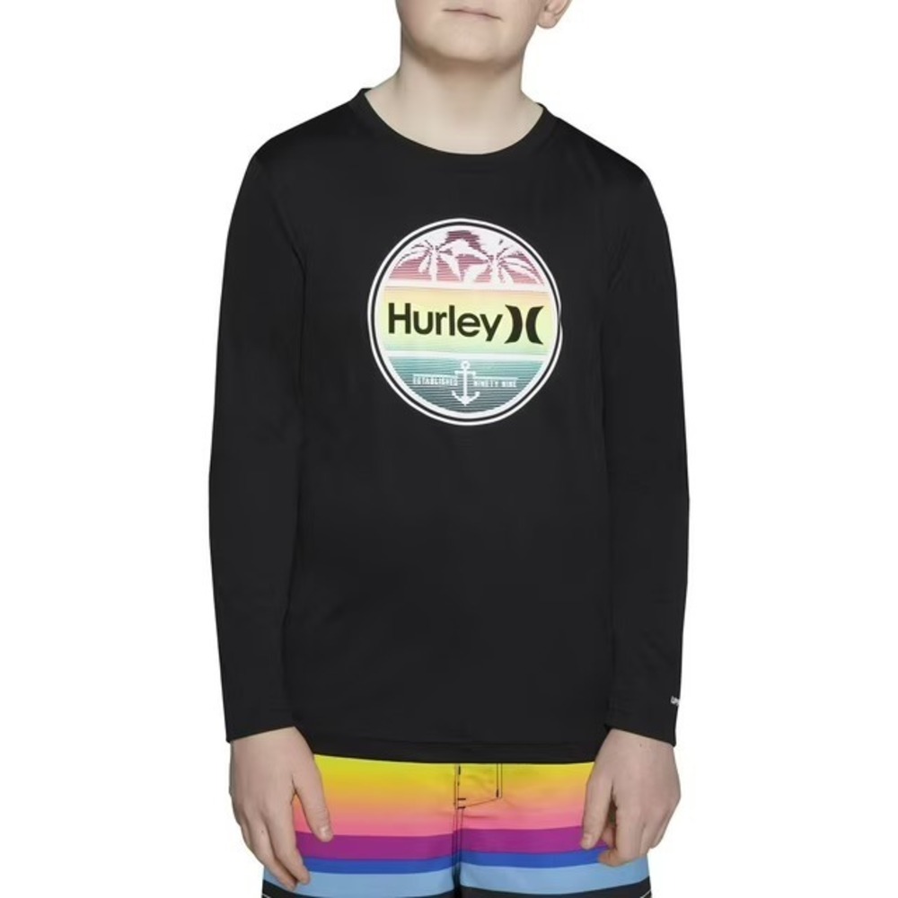 Hurley Kids Black Long Sleeve Rash Guard UPF 50+ H2O-DRI Swim Shirt Size 5/6